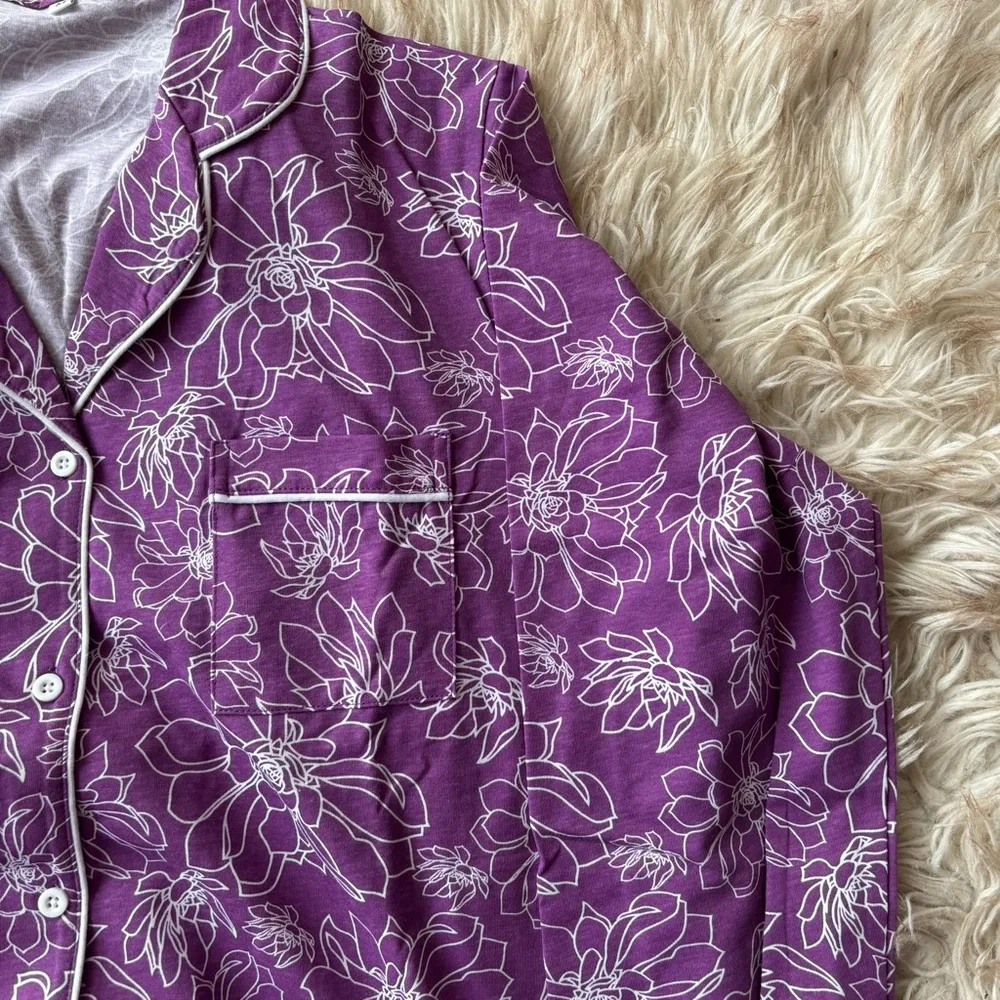 NWT Peony Pajama Set Purple Floral White Long Sleeve - Picture 4 of 5